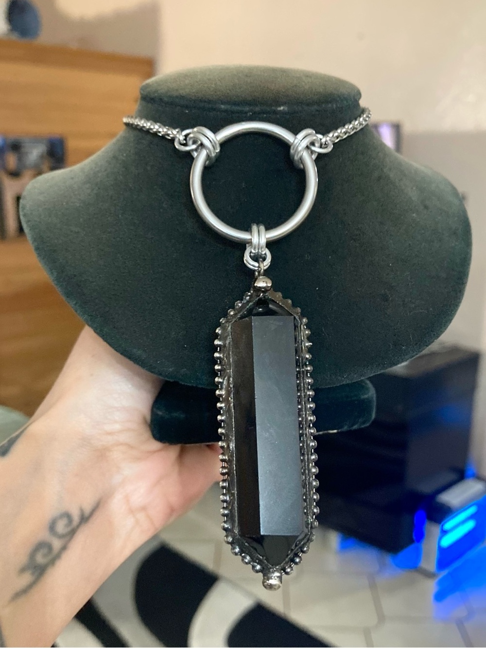 Black smoky crystal quartz boho goth long stainless steel chain necklace - Picture 5 of 13